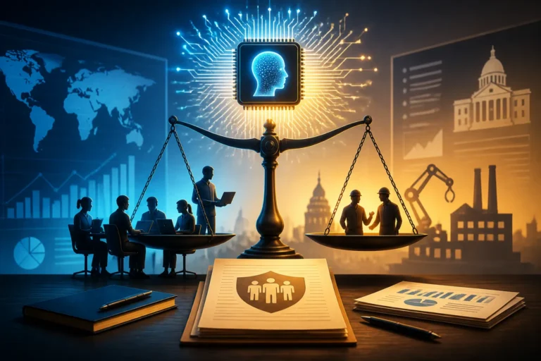 Symbolic illustration of AI technology, jobs, and policy documents representing labor-market research