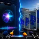 Editorial illustration of Apple’s Siri AI rollout facing EU Digital Markets Act scrutiny