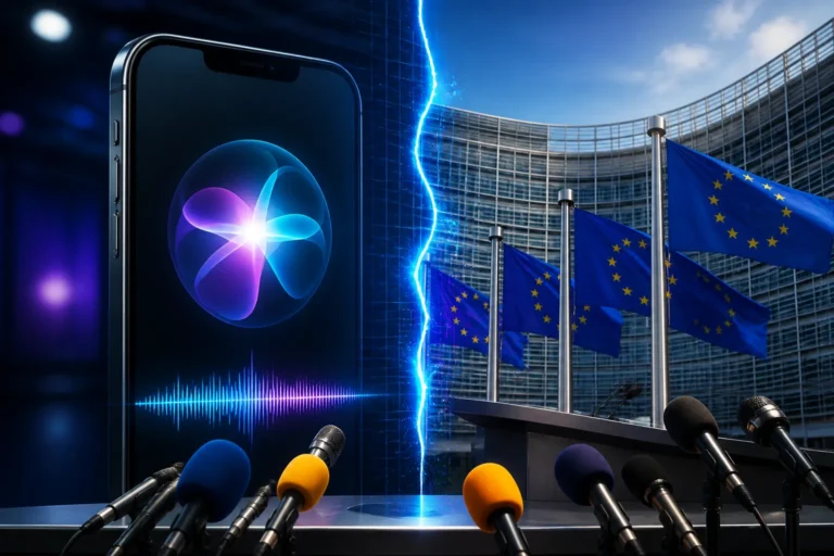 Editorial illustration of Apple’s Siri AI rollout facing EU Digital Markets Act scrutiny