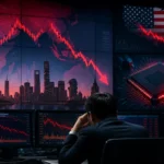 Market monitors showing falling stock charts with Asian financial centers and semiconductor imagery