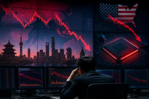 Market monitors showing falling stock charts with Asian financial centers and semiconductor imagery