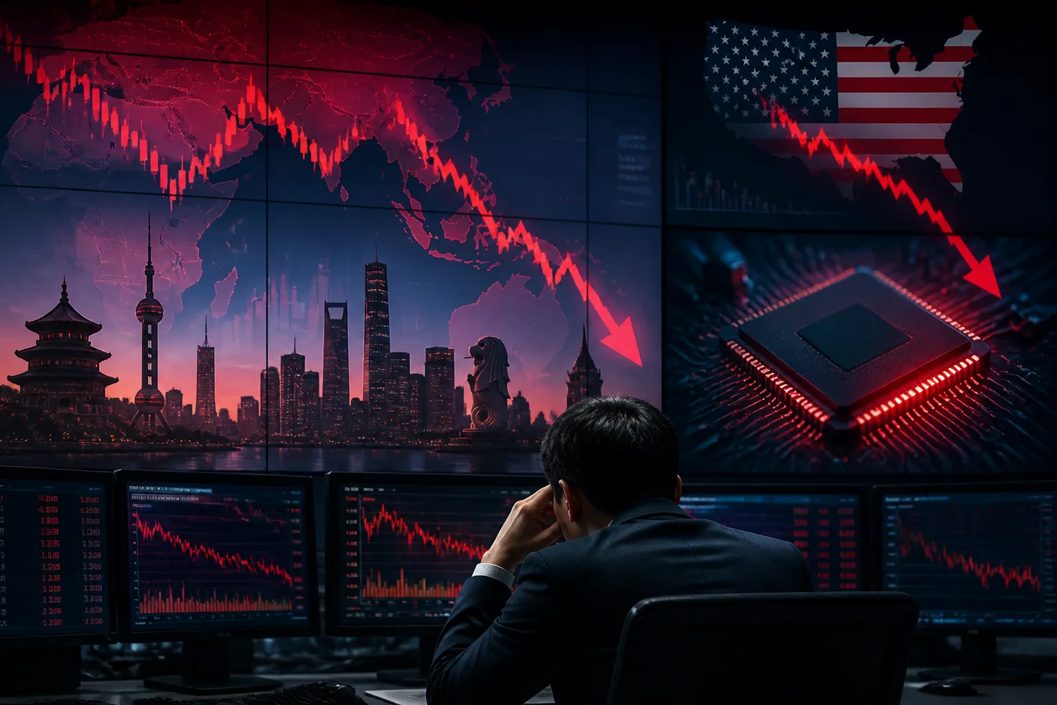 Market monitors showing falling stock charts with Asian financial centers and semiconductor imagery