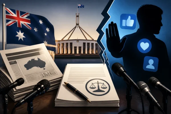 Symbolic newsroom illustration of Australia’s news bargaining policy dispute with digital platforms and government backdrop