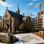 Historic monastery in Boston preserved alongside new residential buildings in a redevelopment plan