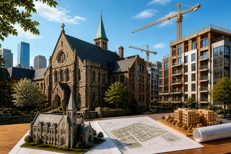 Historic monastery in Boston preserved alongside new residential buildings in a redevelopment plan