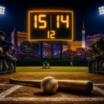 A high-scoring extra-inning baseball game at Las Vegas Ballpark with the scoreboard glowing at night.