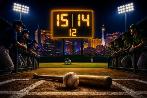 A high-scoring extra-inning baseball game at Las Vegas Ballpark with the scoreboard glowing at night.