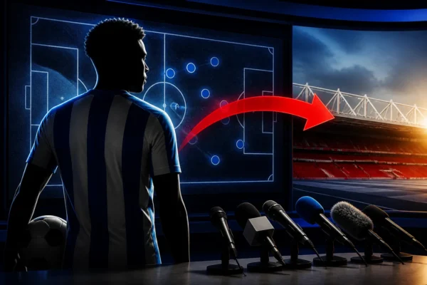 Editorial illustration of a Premier League transfer rumor involving a midfielder and a newsroom-style football graphic.