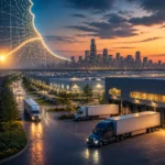Suburban Chicago industrial warehouse corridor with trucks and loading docks