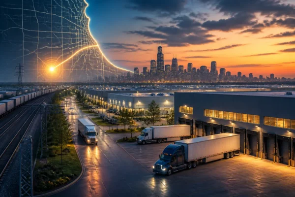 Suburban Chicago industrial warehouse corridor with trucks and loading docks