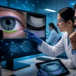 Ophthalmology researchers reviewing standardized dry eye imaging scans for AI analysis