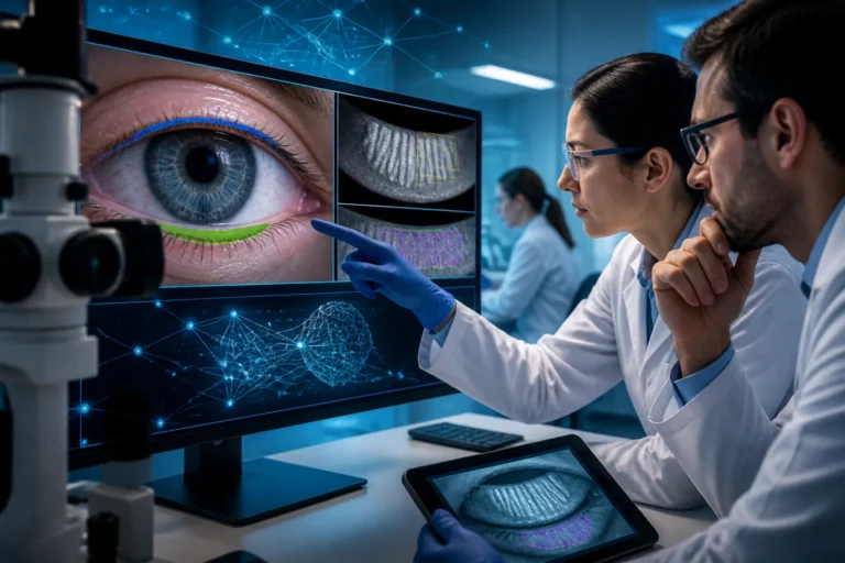 Ophthalmology researchers reviewing standardized dry eye imaging scans for AI analysis