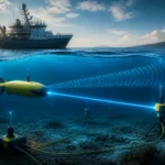 Illustration of hybrid underwater communications linking an autonomous vehicle and seabed sensors.