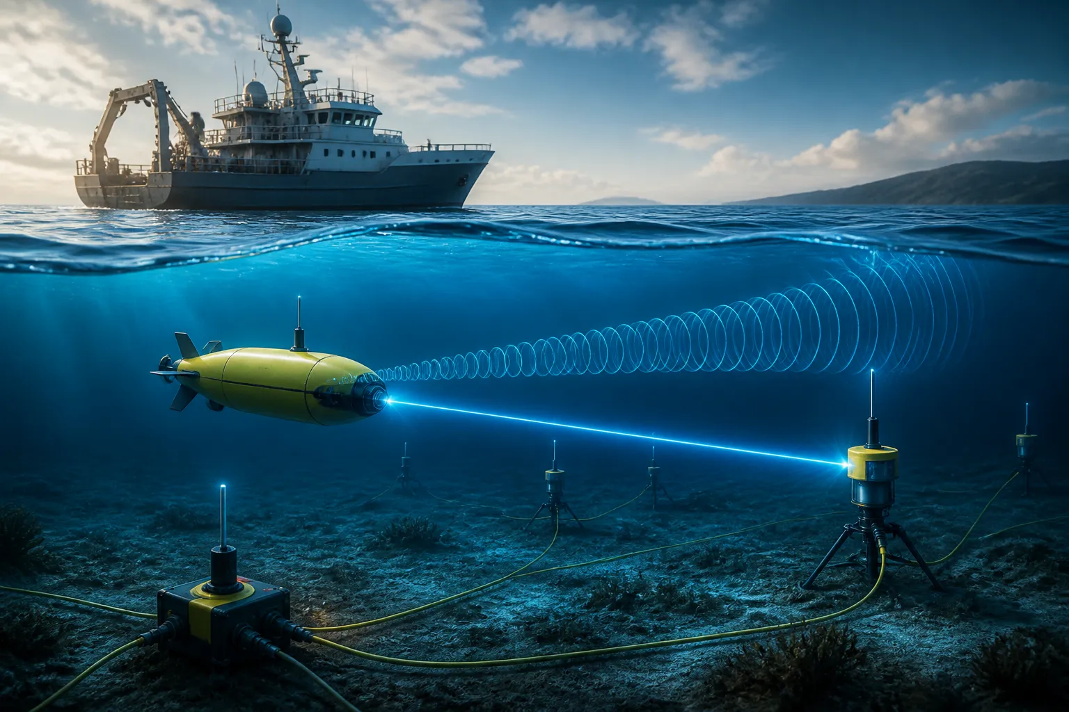 Illustration of hybrid underwater communications linking an autonomous vehicle and seabed sensors.
