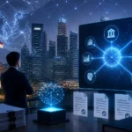 Illustration of Singapore financial district and an AI knowledge hub concept for bank technology review