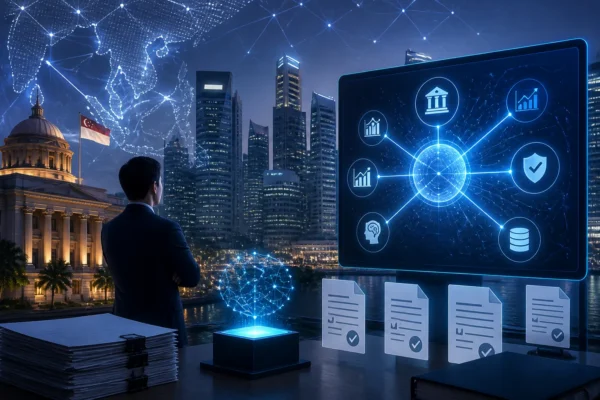 Illustration of Singapore financial district and an AI knowledge hub concept for bank technology review