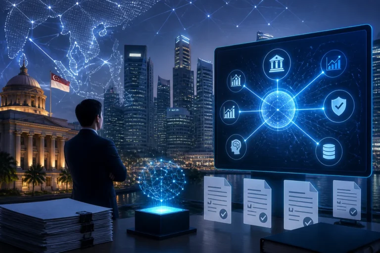 Illustration of Singapore financial district and an AI knowledge hub concept for bank technology review