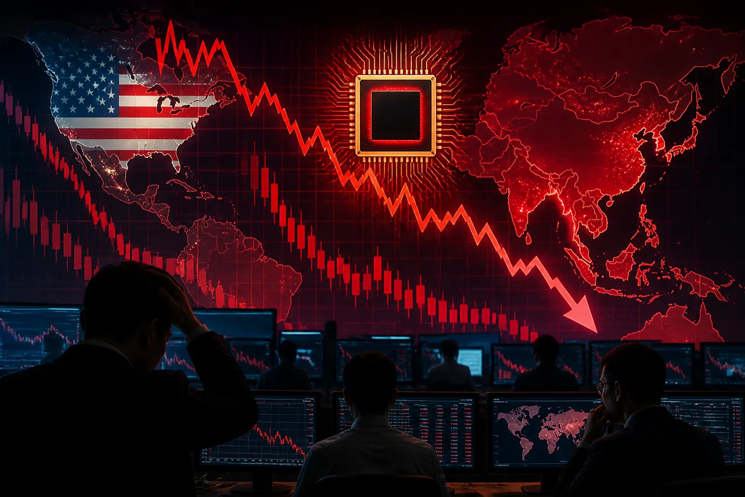 Market screens showing a global stock selloff led by tech and semiconductor shares