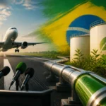 Symbolic aviation and fuel infrastructure illustration with a conference podium and Brazil-themed accents.