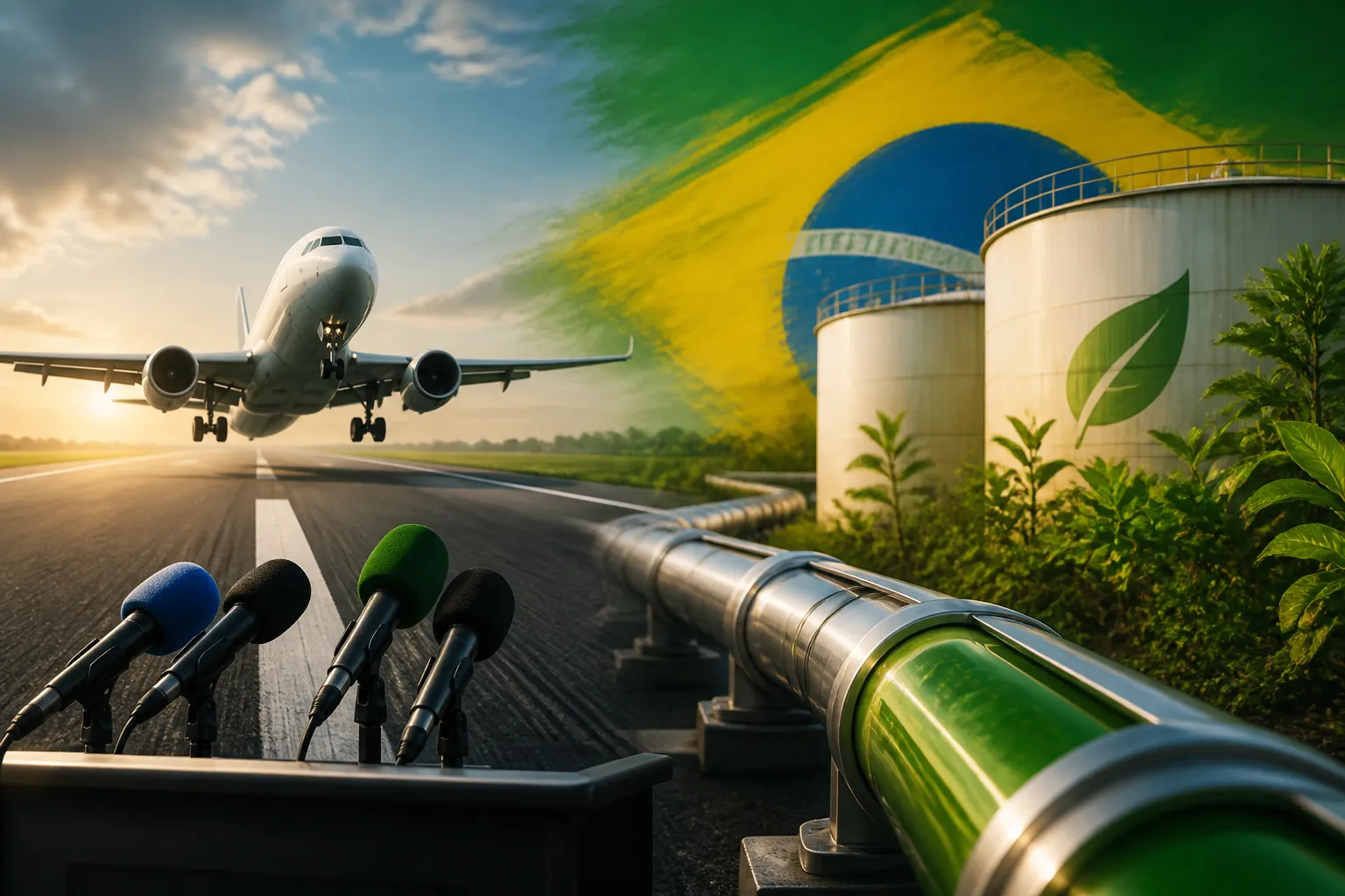Symbolic aviation and fuel infrastructure illustration with a conference podium and Brazil-themed accents.