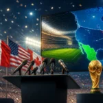 A World Cup press-conference scene with microphones, a stadium screen and festive opening-night lighting.
