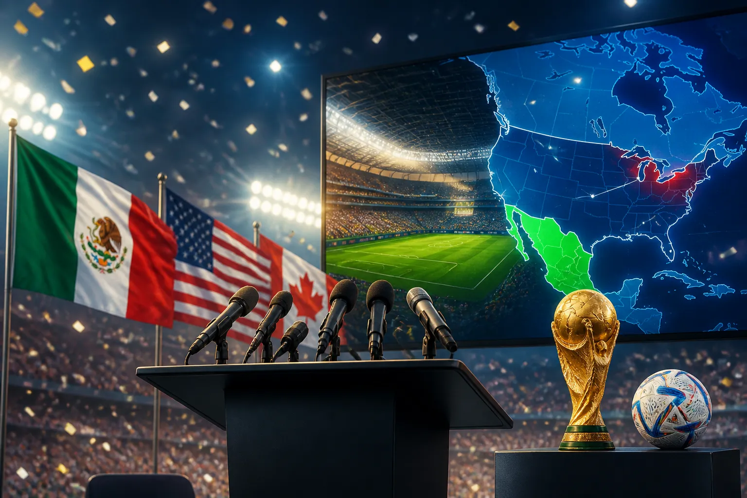A World Cup press-conference scene with microphones, a stadium screen and festive opening-night lighting.