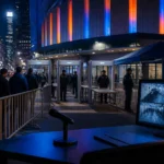 Security perimeter outside Madison Square Garden during an NBA Finals watch party setup