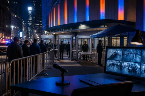 Security perimeter outside Madison Square Garden during an NBA Finals watch party setup