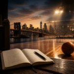 Editorial illustration of an NBA Finals scene in New York with subtle church and travel diary elements
