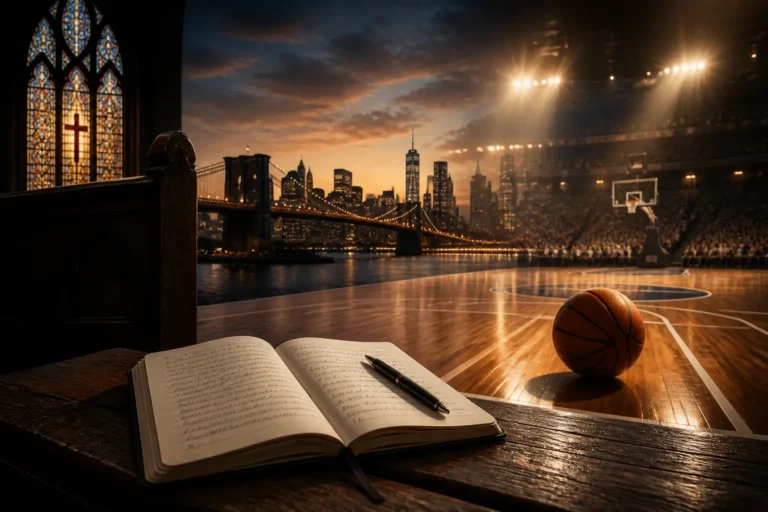 Editorial illustration of an NBA Finals scene in New York with subtle church and travel diary elements