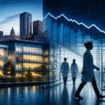 Illustration of Massachusetts life sciences hiring slowing, with lab buildings and a downward trend screen.