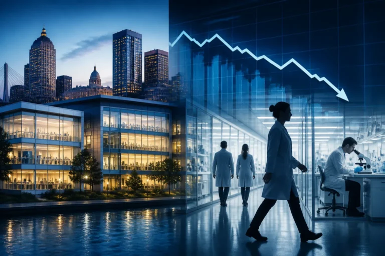 Illustration of Massachusetts life sciences hiring slowing, with lab buildings and a downward trend screen.