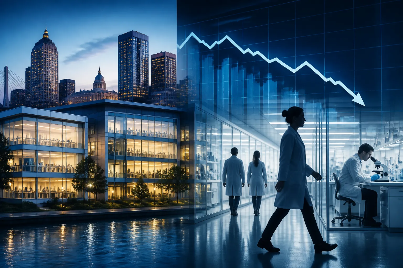 Illustration of Massachusetts life sciences hiring slowing, with lab buildings and a downward trend screen.