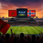 Morocco and Norway flags shown in a stadium setting ahead of the June 7 World Cup friendly in New Jersey.