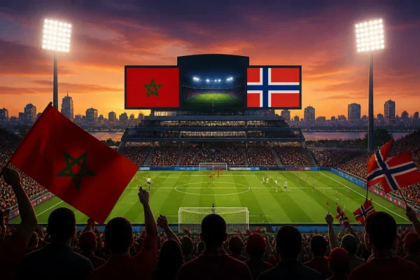 Morocco and Norway flags shown in a stadium setting ahead of the June 7 World Cup friendly in New Jersey.
