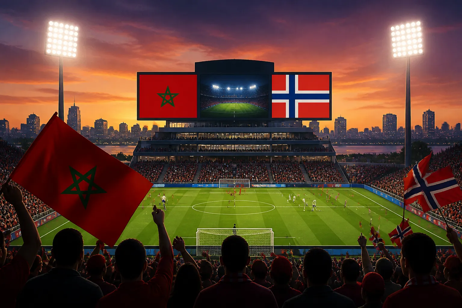Morocco and Norway flags shown in a stadium setting ahead of the June 7 World Cup friendly in New Jersey.