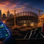 Illustration of Nashville stadium construction with symbolic sports betting and state government visuals