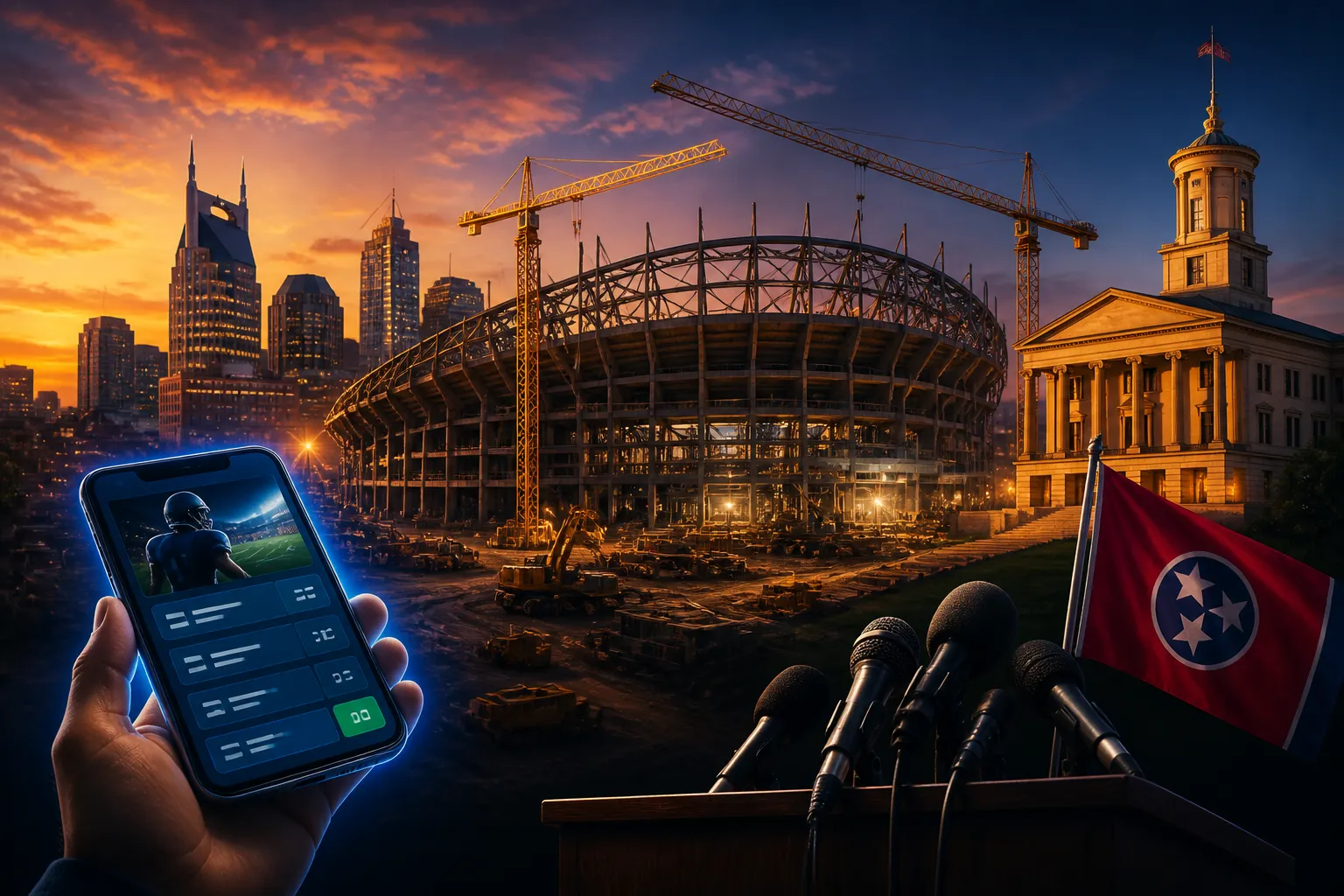 Illustration of Nashville stadium construction with symbolic sports betting and state government visuals