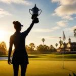 Illustration of a championship golf finish at Riviera Country Club with an 18th-hole flag and press-style atmosphere.