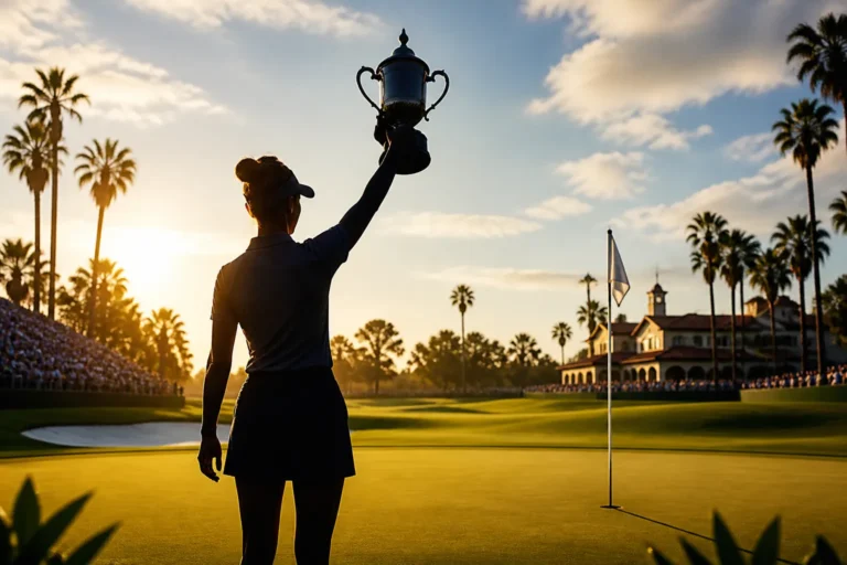 Illustration of a championship golf finish at Riviera Country Club with an 18th-hole flag and press-style atmosphere.