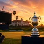 Championship golf green with trophy podium and Riviera clubhouse silhouette at sunset