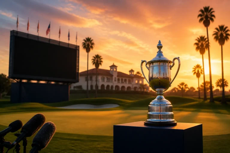 Championship golf green with trophy podium and Riviera clubhouse silhouette at sunset