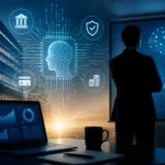 Editorial illustration of a fintech AI platform and corporate leadership setting