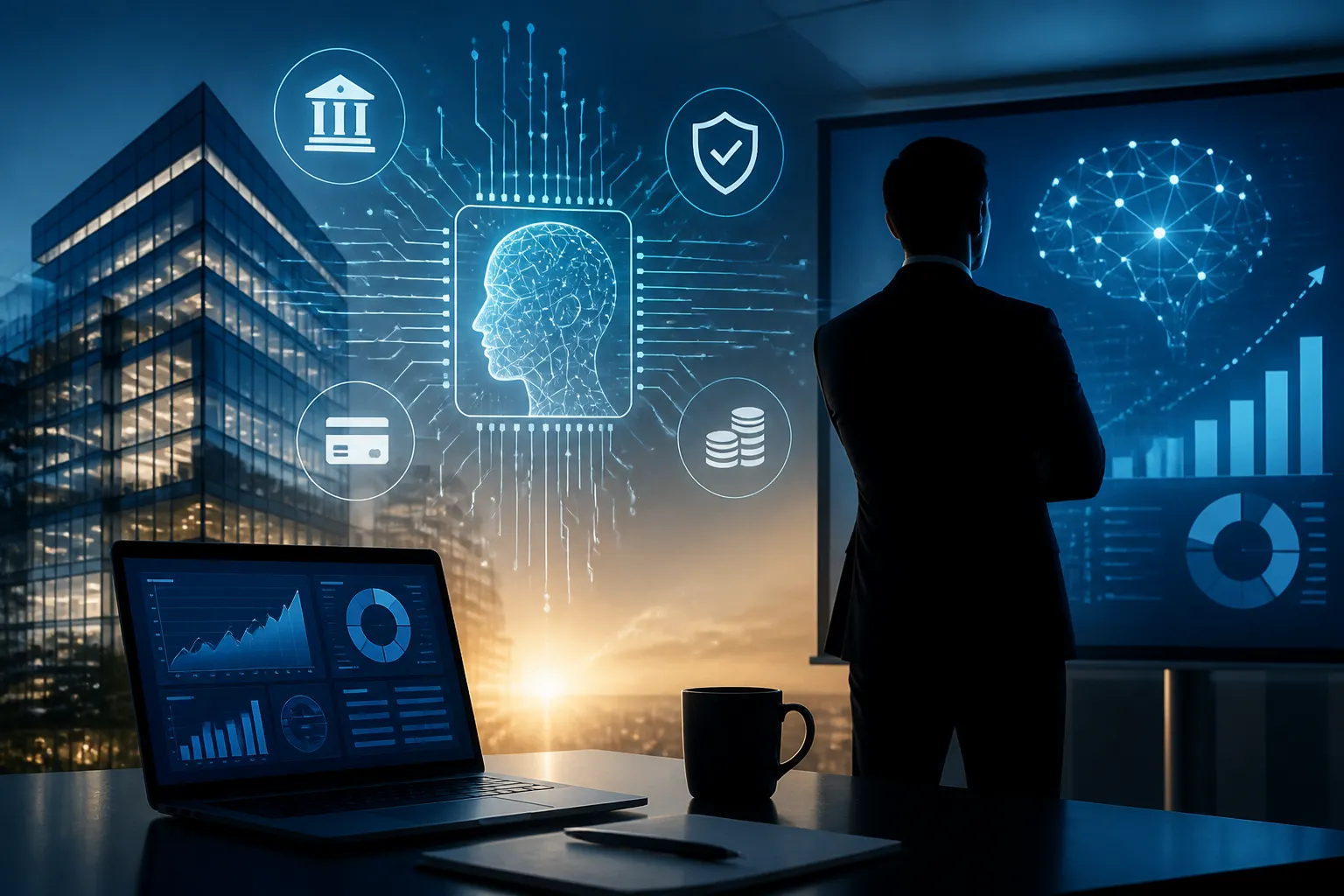 Editorial illustration of a fintech AI platform and corporate leadership setting