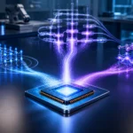 Illustration of a quantum chip with three glowing pathways representing NTU’s research directions