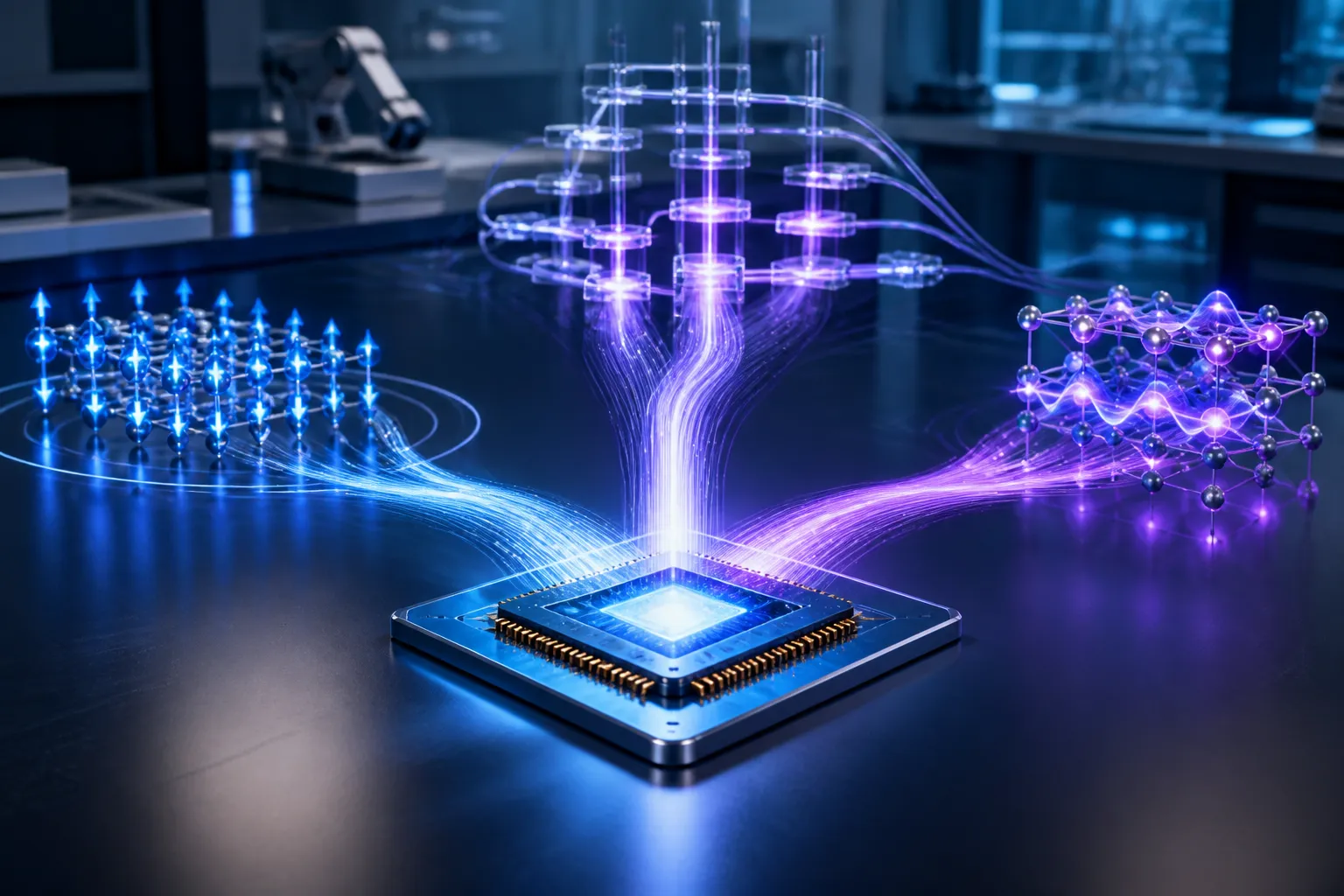 Illustration of a quantum chip with three glowing pathways representing NTU’s research directions