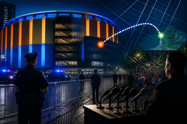 Security barriers outside Madison Square Garden with fans redirected toward another viewing area