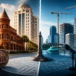 Editorial illustration showing Orlando city hall, a historic downtown building, and redevelopment imagery tied to a preservation review proposal.