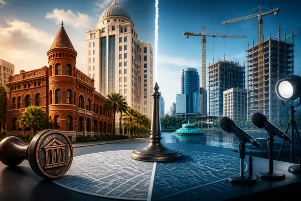 Editorial illustration showing Orlando city hall, a historic downtown building, and redevelopment imagery tied to a preservation review proposal.