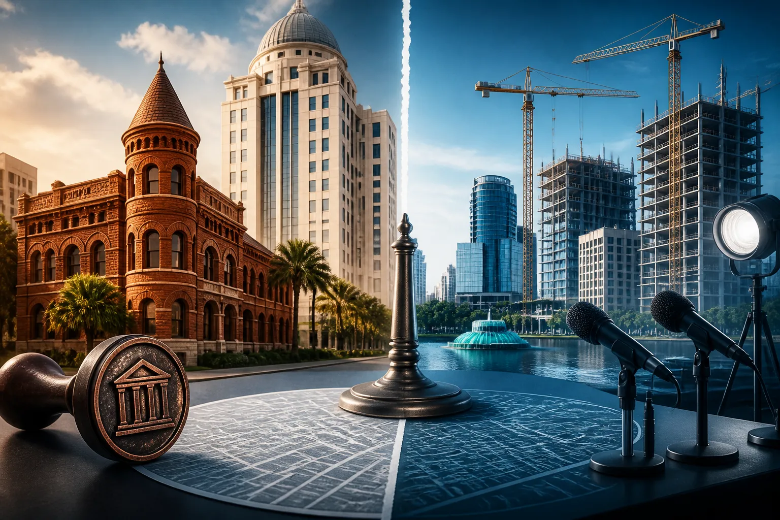Editorial illustration showing Orlando city hall, a historic downtown building, and redevelopment imagery tied to a preservation review proposal.